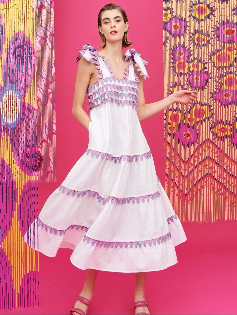 NWT CeliaB Kelly Dress Linen Cotton Tie Shoulder Ruffle Midi White Pink Large
